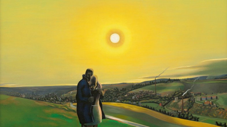 Fotografie eines Gemäldes, auf dem ein Paar zu sehen ist, das auf einer Wiese steht. Sie umarmen sich, die Sonne geht unter und im Hintergrund sieht man eine Stadt.