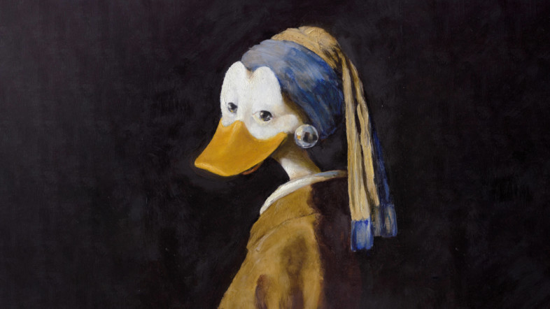 Gemälde einer Ente, die gekleidet ist. Der Hintergrund ist schwarz.
