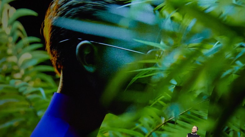 Foto des seitlichen Profils eines Mannes, der eine Brille und einen blauen Wollkragenpullover trägt. Sein Gesicht wird durch große,, grüne Blätter verdeckt.