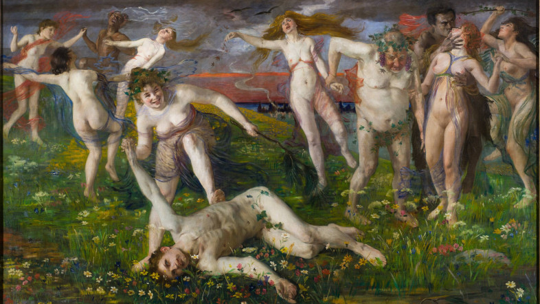Gemälde der Ausstellung "im freien", von nackten Menschen, die draußen feiern.