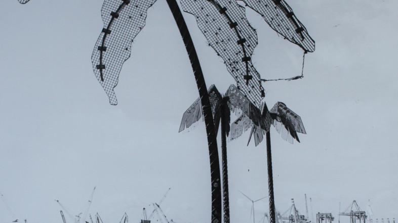 Schwarzweiß Fotografie einer metallenen Palme.